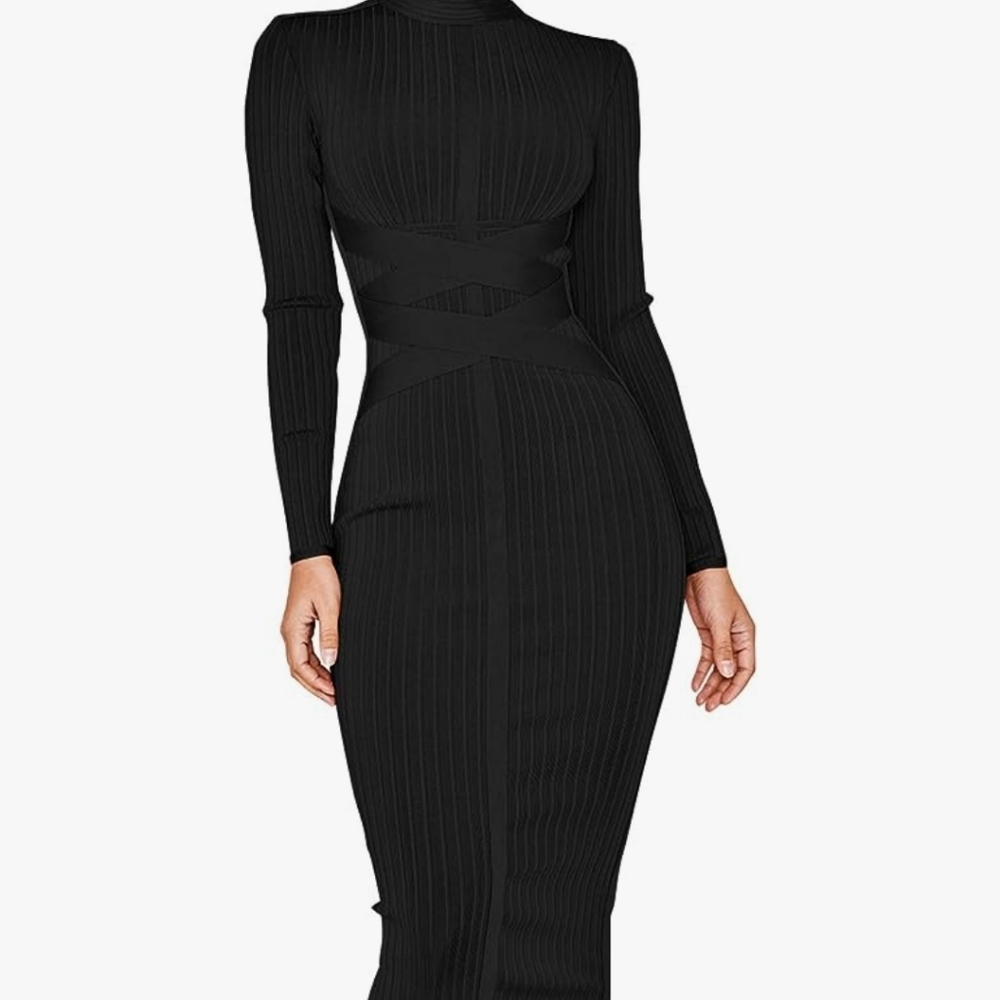 Women's Rayon Long Sleeves Bandage Dress Cross Strap Ribbed Club Party Midi Body